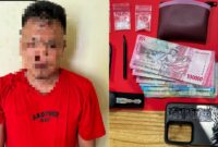 Tersangka YA (26) dan barang bukti sabu, timbangan, handphone, serta mobil diamankan Satresnarkoba Polres Kotabaru di Desa Langadai.