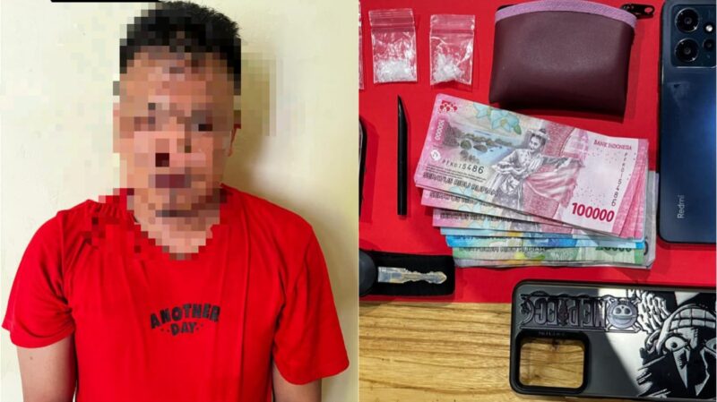 Tersangka YA (26) dan barang bukti sabu, timbangan, handphone, serta mobil diamankan Satresnarkoba Polres Kotabaru di Desa Langadai.